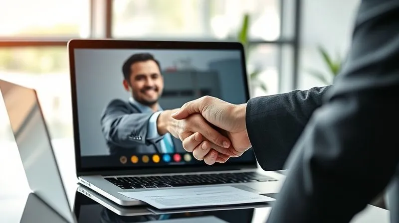 A photorealistic image of two business people (one a digital nomad on a video call on a laptop, the other a client in an office) shaking hands virtually, symbolizing a successful negotiation and agreement. A contract document is subtly visible on the client's side. Cinematic lighting, sharp focus on the virtual handshake, depth of field, 8K hyper-detailed, professional photography.