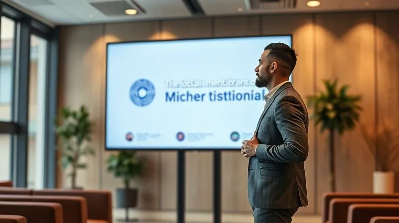 A photorealistic image of a digital nomad confidently presenting a compelling brand identity on a large digital screen. The screen displays a sleek logo, a clear mission statement, and impactful testimonials. The nomad stands in a modern, well-lit conference room or a high-tech home office. Cinematic lighting, sharp focus on the presentation, depth of field, 8K hyper-detailed, professional photography.