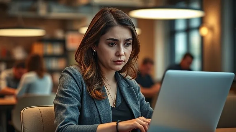 A photorealistic image of a digital nomad, perhaps a woman, sitting alone in a bustling co-working space, but her gaze is distant and worried, focused on her laptop screen. Her posture is slightly hunched, conveying anxiety and self-doubt, despite being surrounded by activity. The light source is a cool, sterile office light, emphasizing a sense of isolation. professional photography, 8K, cinematic lighting, sharp focus on her face and the laptop, depth of field, shot on a high-end DSLR.