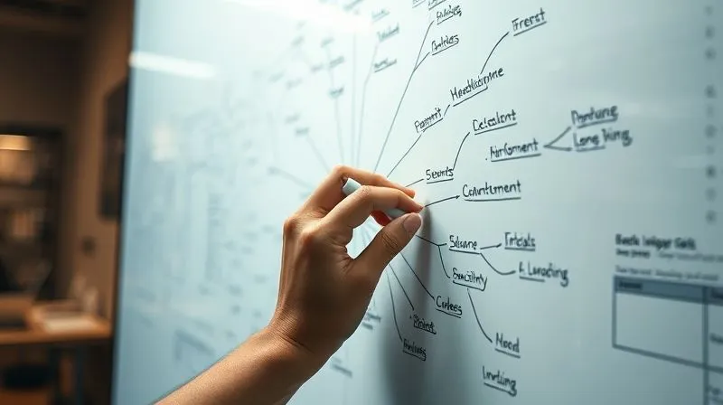 A photorealistic image of a hand sketching a complex flowchart or mind map on a large, illuminated whiteboard with dry-erase markers. The lines and ideas are interconnected, showing a clear process of rapid ideation and prototyping. The background is a modern, minimalist workspace. professional photography, 8K, cinematic lighting, sharp focus on the hand and whiteboard, depth of field, shot on a high-end DSLR.
