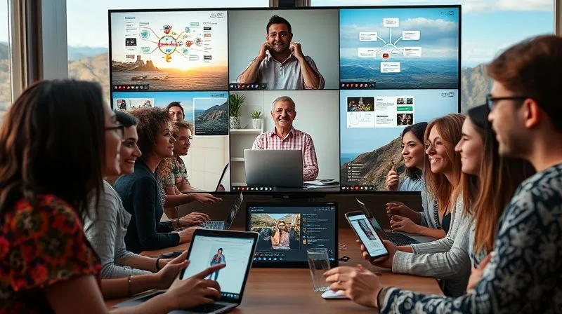 A photorealistic image of a diverse group of digital nomads, from different cultural backgrounds, collaborating virtually on a complex project. They are seen in a multi-window video conference call, with various digital tools and mind maps open on their screens. There's a sense of shared enthusiasm and productive exchange, with subtle smiles and engaged expressions. The background shows glimpses of different inspiring travel locations. professional photography, 8K, cinematic lighting, sharp focus on the screens and faces, depth of field, shot on a high-end DSLR.