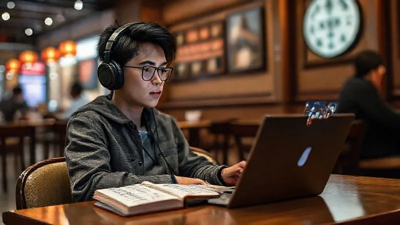 A photorealistic image of a digital nomad sitting in a cozy cafe, headphones on, intently watching a Chinese drama on a laptop, with a notebook open beside them filled with Mandarin characters. The cafe is bustling but the nomad is focused, creating their own 'language bubble'. Cinematic lighting, sharp focus on the screen and notebook, depth of field. 8K hyper-detailed, professional photography.