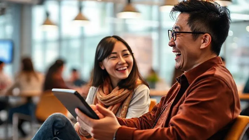 A photorealistic image of a digital nomad engaged in a video call on a tablet, laughing and conversing with a Mandarin language partner. The nomad is in a vibrant coworking space, surrounded by other people, but their focus is entirely on the conversation. Cinematic lighting, sharp focus on the nomad's expressive face, depth of field. 8K hyper-detailed, professional photography.