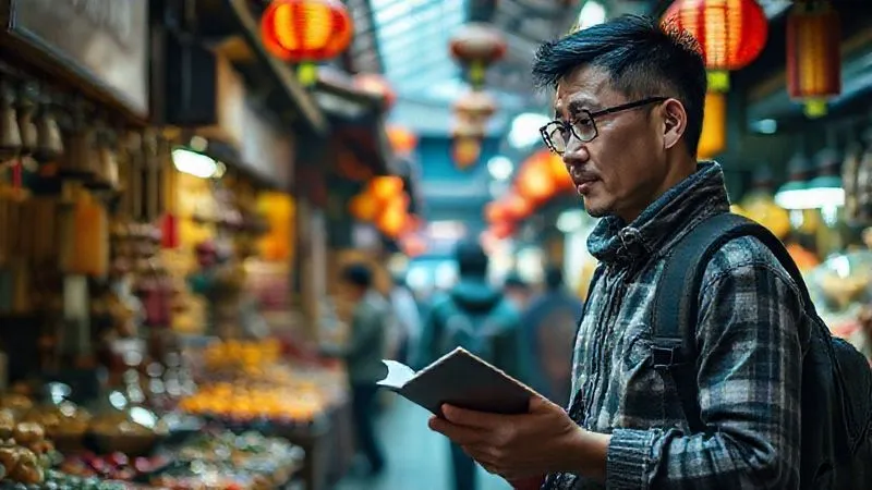 A photorealistic image of a digital nomad exploring a vibrant Chinese market, observing local vendors and intricate traditional crafts. The nomad is holding a small notebook, perhaps jotting down new vocabulary related to the cultural experience. Cinematic lighting, sharp focus on the details of the market and the nomad's engaged expression, depth of field. 8K hyper-detailed, professional photography.