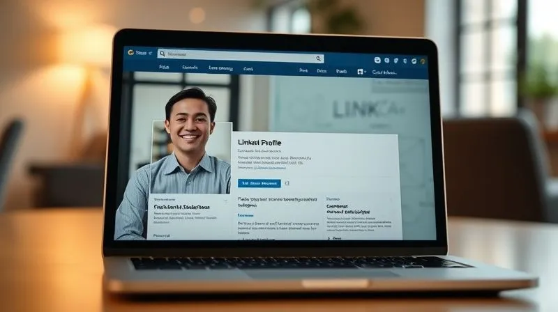 A photorealistic close-up of a laptop screen displaying a professional LinkedIn profile with a clear, engaging headshot and a compelling summary. The screen reflects a subtle image of a person smiling confidently, surrounded by soft, cinematic office lighting. Sharp focus on the screen details, with a gentle depth of field blurring the background. 8K hyper-detailed, professional photography, shot on a high-end DSLR.