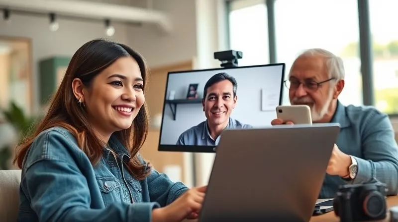 A photorealistic image of a digital nomad, 'Sofia', on a video call with her mentor, 'Carlos'. Sofia is smiling confidently, looking at her laptop screen, which displays a split view of her and Carlos. Carlos, an older, wise-looking man, is nodding encouragingly. The background for Sofia is a bright, modern co-working space, and for Carlos, a minimalist home office. Cinematic lighting, sharp focus on their faces and expressions, depth of field blurring the backgrounds. 8K hyper-detailed, professional photography, shot on a high-end DSLR.