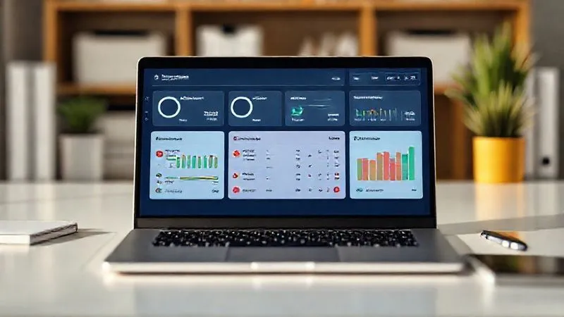 A photorealistic image of a minimalist digital dashboard displaying multiple project statuses in a clean, color-coded layout, with progress bars and key metrics clearly visible. The screen is on a sleek laptop, surrounded by a calm, organized workspace. Cinematic lighting, sharp focus on the screen, depth of field blurring the background. Professional photography, 8K, shot on a high-end DSLR.