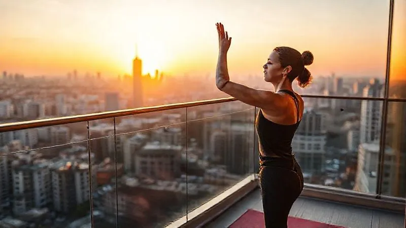 A photorealistic image of a digital nomad performing a gentle yoga stretch at sunrise on a balcony overlooking a bustling foreign city, with a calm and focused expression. Professional photography, 8K, cinematic lighting, sharp focus on the nomad, depth of field blurring the city background. No text, no logos.