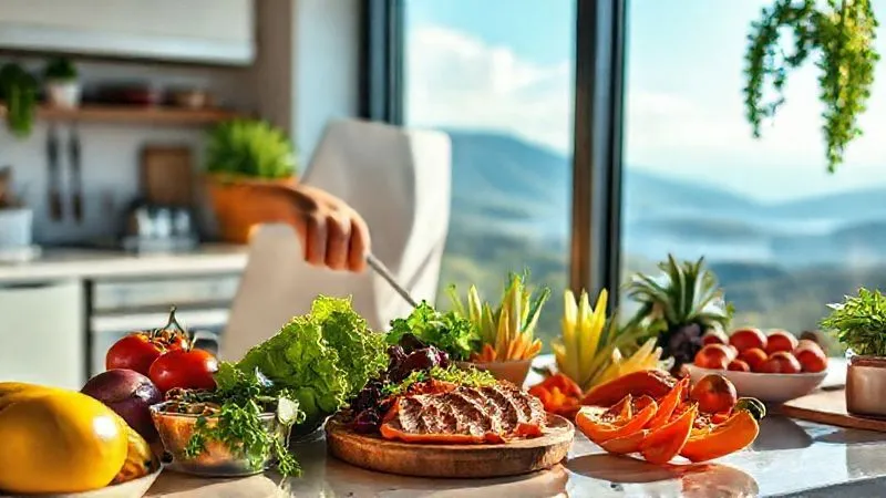 A photorealistic image of a vibrant, healthy meal being prepared by a digital nomad in a modern, minimalist Airbnb kitchen overlooking a scenic landscape. The ingredients are fresh fruits, vegetables, and lean protein, arranged aesthetically. Professional photography, 8K, cinematic lighting, sharp focus on the food, depth of field blurring the background. No text, no logos.