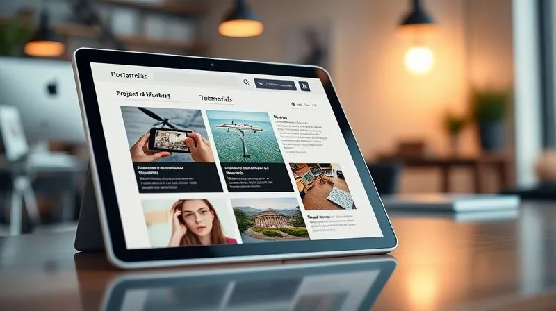 A photorealistic image of a sleek, modern digital portfolio displayed on a tablet, with various project thumbnails and testimonials. The background shows a blurred, vibrant remote workspace. Cinematic lighting, sharp focus on the tablet, depth of field, 8K hyper-detailed, shot on a high-end DSLR.