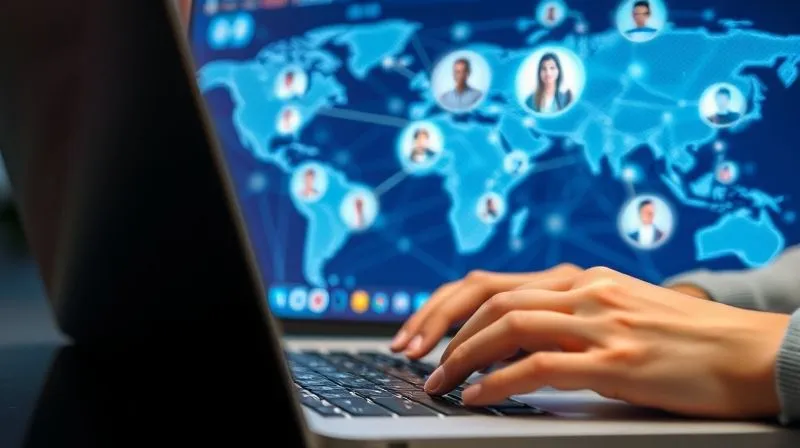 A photorealistic image depicting a global network of glowing lines connecting diverse professional avatars on a digital interface, symbolizing online networking. In the foreground, hands are typing on a laptop. Cinematic lighting, sharp focus on the networking interface, depth of field, 8K hyper-detailed, shot on a high-end DSLR.