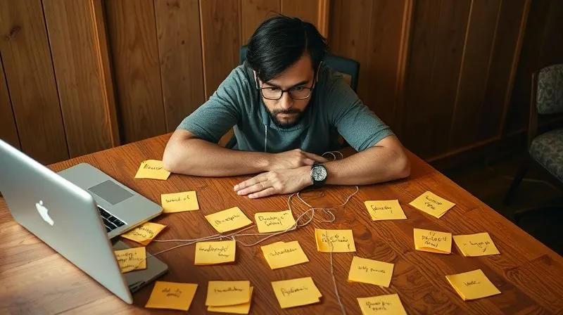 A photorealistic image of a digital nomad, focused and determined, sitting at a simple wooden table. They are surrounded by scattered sticky notes, each with a single problem statement or hypothesis written on it, connected by lines of string, illustrating a 'problem-first' approach. A laptop is open but secondary to the physical brainstorming. Cinematic lighting, sharp focus on the nomad's face and the sticky notes, depth of field, 8K hyper-detailed, shot on a high-end DSLR.
