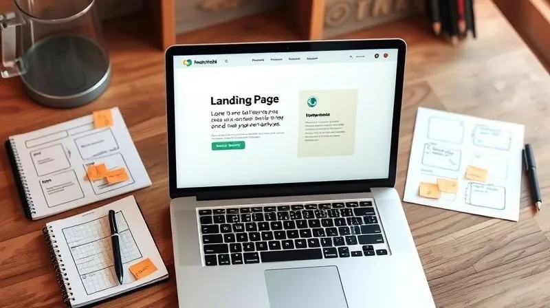 A photorealistic image of a digital nomad's workspace, featuring a laptop displaying a simple, clean landing page mock-up with a clear call to action, surrounded by a notepad with hand-drawn wireframes and sticky notes with user feedback. The setting is minimalist and organized, emphasizing efficiency and low-cost tools. Cinematic lighting, sharp focus on the screen and notepad, depth of field, 8K hyper-detailed, shot on a high-end DSLR.