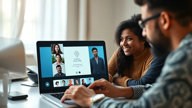 A photorealistic image of diverse digital nomads collaborating online, with multiple video call windows open on a laptop screen, showing faces from different locations. One nomad is actively presenting their screen, showing a simple business model or prototype. The image emphasizes connection, shared ideas, and community support in a global context. Cinematic lighting, sharp focus on the laptop screen and the engaged faces, depth of field, 8K hyper-detailed, shot on a high-end DSLR.