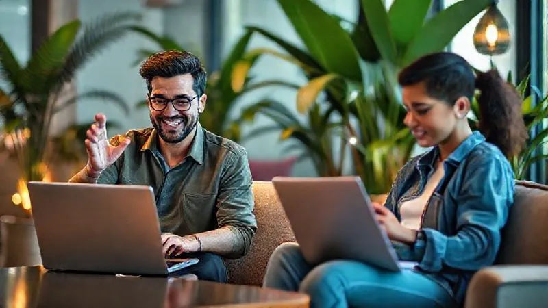 A photorealistic image showing a virtual mentorship session. On one side, a friendly, professional instructor is smiling and gesturing on a laptop screen. On the other side, a digital nomad student, sitting comfortably in a vibrant co-working space in a tropical location, is actively listening and taking notes on their laptop. The connection lines are subtly glowing between them. Cinematic lighting, 8K, sharp focus on both individuals, depth of field blurring the background, professional photography.