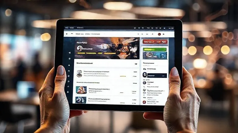 A photorealistic image of a sleek, modern tablet displaying a well-designed LMS interface with progress bars, course modules, and a community forum. The tablet is held by hands with a blurred background of a vibrant, high-tech co-working space, with subtle glowing data lines connecting to other devices. Cinematic lighting, 8K, sharp focus on the tablet screen, depth of field, professional photography.