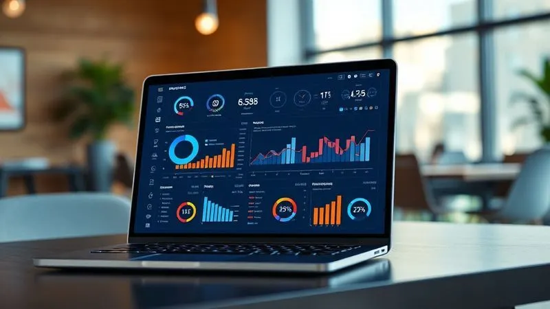 A photorealistic, professional photography shot of a sleek, modern laptop screen displaying a complex but visually appealing data dashboard with interactive charts and graphs, reflecting a successful project outcome. In the background, a blurred, minimalist co-working space with natural light. 8K, cinematic lighting, sharp focus on the screen, depth of field blurring the background, shot on a high-end DSLR.