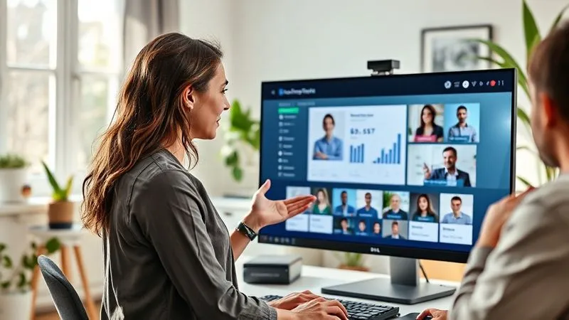 A photorealistic, professional photography shot of a a confident female web designer nomad presenting her portfolio on a large monitor to a diverse group of virtual clients via video call, showing a clear, impactful UI/UX design project with positive metrics. The background is a modern, sunlit home office with minimalist decor. 8K, cinematic lighting, sharp focus on the woman and screen, depth of field, shot on a high-end DSLR.