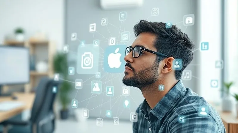 A photorealistic image of a digital nomad looking thoughtfully at a complex web of interconnected app icons and data streams on a transparent screen, symbolizing a thorough digital ecosystem audit. The background is a clean, modern workspace. Cinematic lighting, sharp focus on the nomad's thoughtful expression, 8K hyper-detailed, shot on a high-end DSLR.