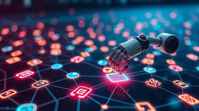 A photorealistic image of glowing digital pathways connecting various app icons, like a seamless network. A robotic arm gently guides a data packet along one of these paths, symbolizing intelligent automation. The background is a futuristic, clean interface. Cinematic lighting, sharp focus on the intricate connections, 8K hyper-detailed, shot on a high-end DSLR.