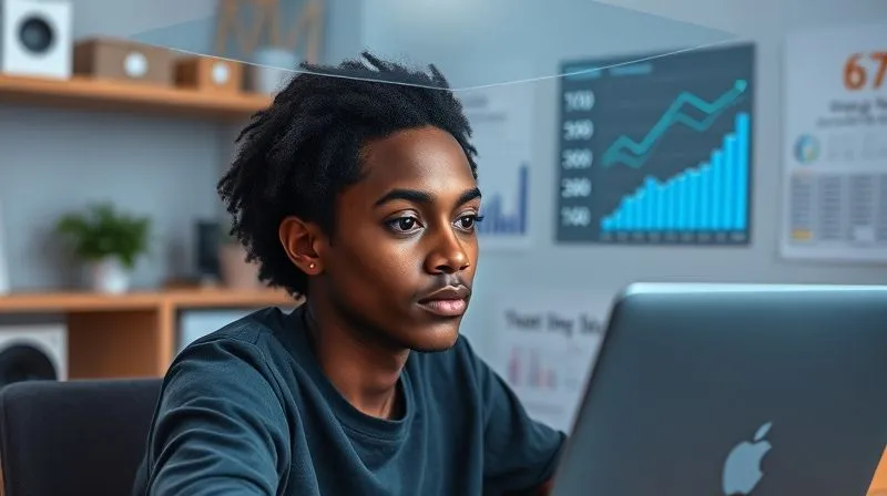 A photorealistic image of a digital nomad at a laptop, with a serene expression, surrounded by a clean, organized workspace. Above the laptop, a subtle holographic interface displays metrics and charts showing optimized workflows and increased efficiency, symbolizing continuous improvement and control. Cinematic lighting, sharp focus on the nomad's calm face, 8K hyper-detailed, shot on a high-end DSLR.