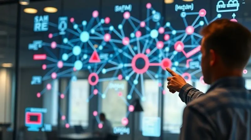 A photorealistic, professional photography, 8K, cinematic lighting, sharp focus, depth of field shot on a high-end DSLR of a complex, interconnected digital diagram projected onto a glass wall in a modern office. Lines and nodes represent different SaaS systems and data flows, with key areas highlighted in red to indicate duplication or bottlenecks. A person in the foreground, out of focus, points to a section of the diagram, symbolizing analysis and planning.