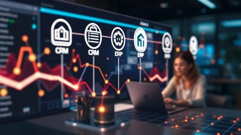 A photorealistic, professional photography, 8K, cinematic lighting, sharp focus, depth of field shot on a high-end DSLR of a seamless, glowing digital pipeline connecting various software icons (CRM, ERP, Marketing Automation, Support) on a futuristic dashboard. Data flows smoothly between them, visualized as luminous particles. In the background, a remote team is working productively, symbolizing the efficiency gained from automation.