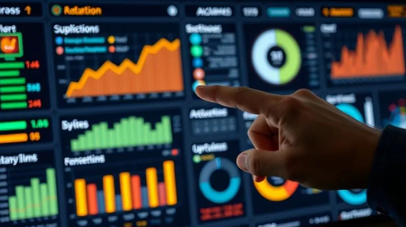 A photorealistic, professional photography, 8K, cinematic lighting, sharp focus, depth of field shot on a high-end DSLR of a vibrant, interactive digital dashboard displaying various KPIs related to data integration and quality. Graphs show trends of data duplication reduction, workflow efficiency gains, and system uptime. A hand points to a specific metric, emphasizing continuous monitoring and optimization in a remote work context.