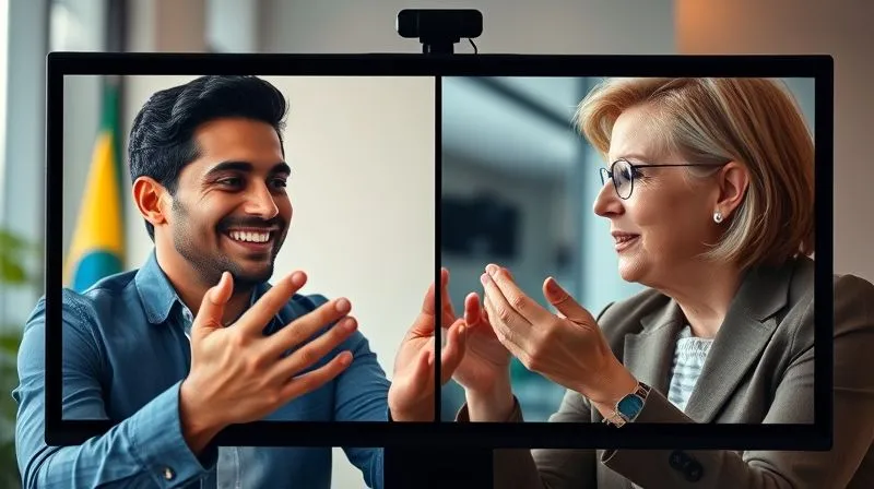 A photorealistic image of a business professional from Brazil on a video call with a client from Germany. The Brazilian professional is using expressive hand gestures while maintaining a warm smile, and the German client is listening intently with a more reserved, focused expression. Split screen view, showing subtle cultural differences in their non-verbal communication. Cinematic lighting, 8K hyper-detailed, professional photography, shot on a high-end DSLR, conveying remote cross-cultural interaction.