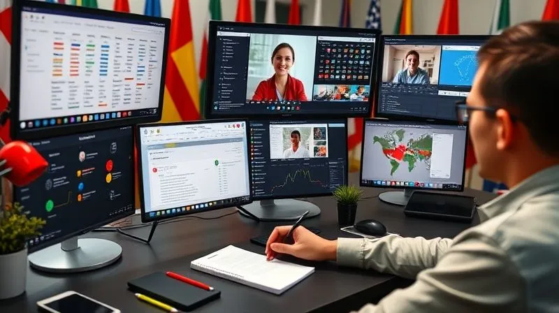 A photorealistic image of a modern desk setup with multiple screens displaying different language learning apps, cultural intelligence dashboards, and a video call in progress. A person is actively typing notes, surrounded by international flags subtly blurred in the background. Cinematic lighting, 8K hyper-detailed, professional photography, shot on a high-end DSLR, conveying the use of technology for global active learning.