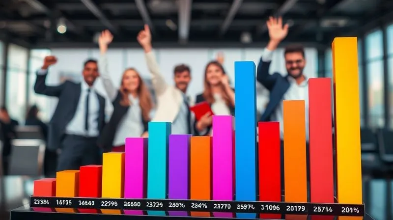 A photorealistic image of a vibrant, multi-colored bar chart showing significant growth and positive trends in global sales metrics, with a diverse team of business professionals celebrating in the background, out of focus. The chart is sharp and clear in the foreground. Cinematic lighting, 8K hyper-detailed, professional photography, shot on a high-end DSLR, conveying success and measurable ROI from strategic initiatives.