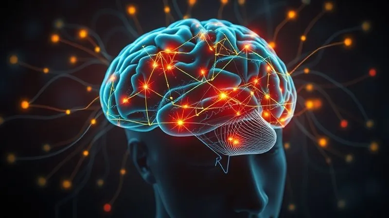 A photorealistic image of a person's mind, depicted as a complex network of glowing neural pathways, with some pathways fading into darkness, representing lost ideas, while others are brightly lit and connected to a digital notebook, cinematic lighting, sharp focus, depth of field, 8K hyper-detailed.