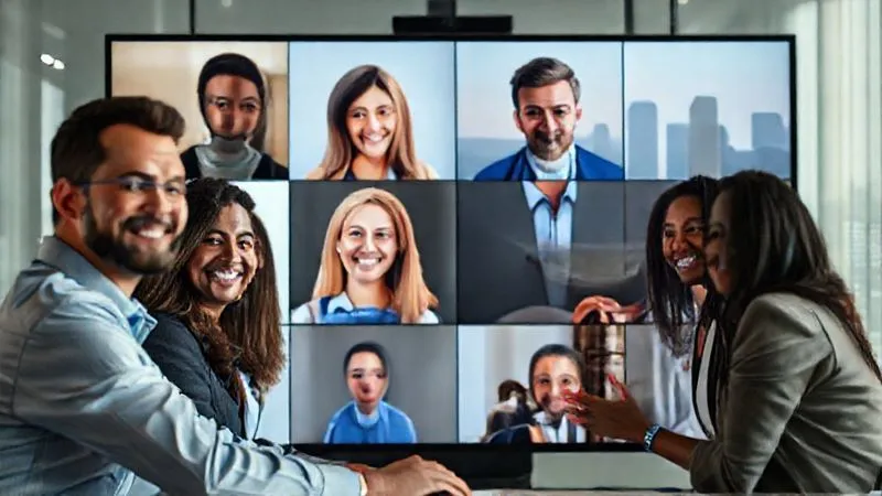 A photorealistic image of a diverse group of remote professionals from different global locations (indicated by subtle background elements like city skylines or natural landscapes) collaborating seamlessly on a large, high-resolution video conference screen. Their faces are engaged and smiling, showing connection despite distance. Cinematic lighting, sharp focus on the screen and faces, depth of field. 8K, professional photography.