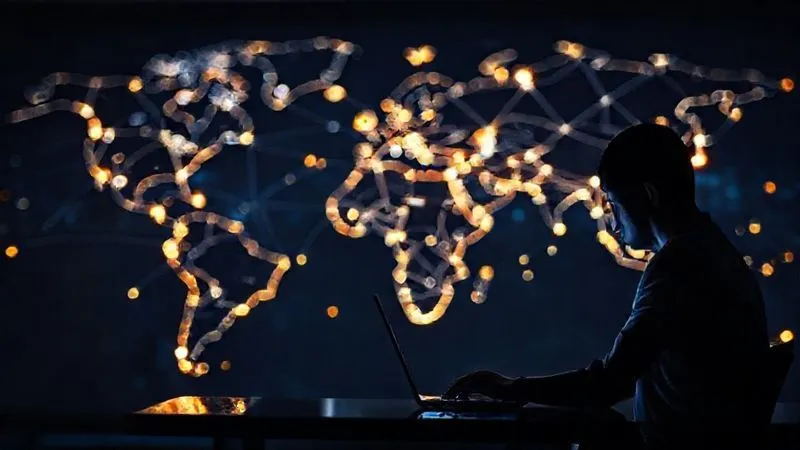A photorealistic, abstract representation of career growth for a digital nomad. A stylized, glowing network of interconnected lines and nodes extends across a world map, with small icons representing skills (e.g., a gear, a lightbulb) and career milestones (e.g., a star, a certificate) appearing along the paths. A subtle human silhouette works at a laptop in the foreground, connected to this network. Cinematic lighting, sharp focus on the network, depth of field. 8K, professional photography.