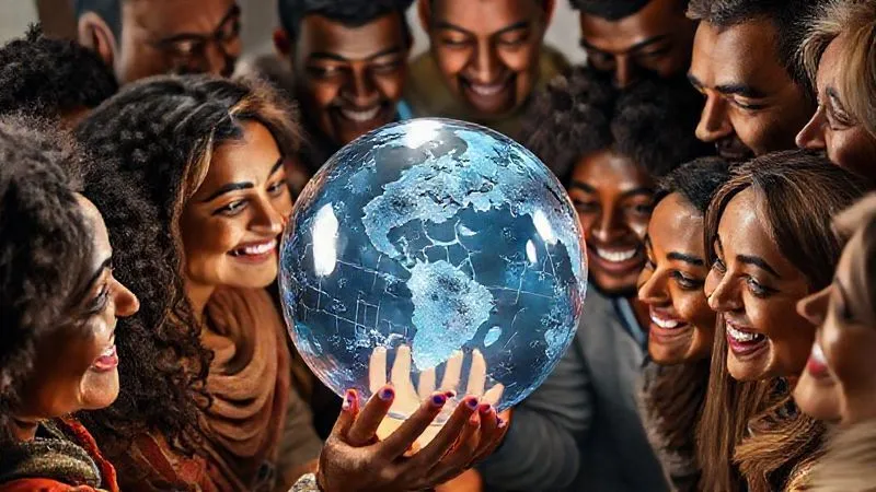 A photorealistic image of a diverse group of people from different cultures, smiling and interacting harmoniously around a holographic globe, symbolizing global connection and understanding through language. Cinematic lighting, sharp focus on faces, depth of field, 8K hyper-detailed.