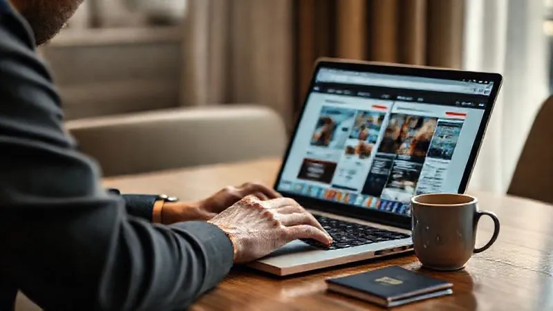 A photorealistic, professional photography, 8K, cinematic lighting, sharp focus, depth of field, shot on a high-end DSLR, showing a digital nomad working on a laptop, with multiple browser tabs open, each displaying a website in a different language, symbolizing content localization and global reach. A cup of coffee and a passport are subtly visible on the table.