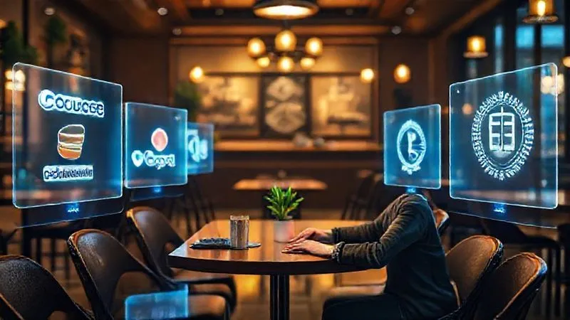 A photorealistic image showing a digital nomad at a café table, surrounded by floating holographic screens displaying logos of diverse online learning platforms (Coursera, Google, AWS, university crests), symbolizing the variety of online certifications. Cinematic lighting, sharp focus on the nomad, depth of field, 8K, shot on a high-end DSLR.