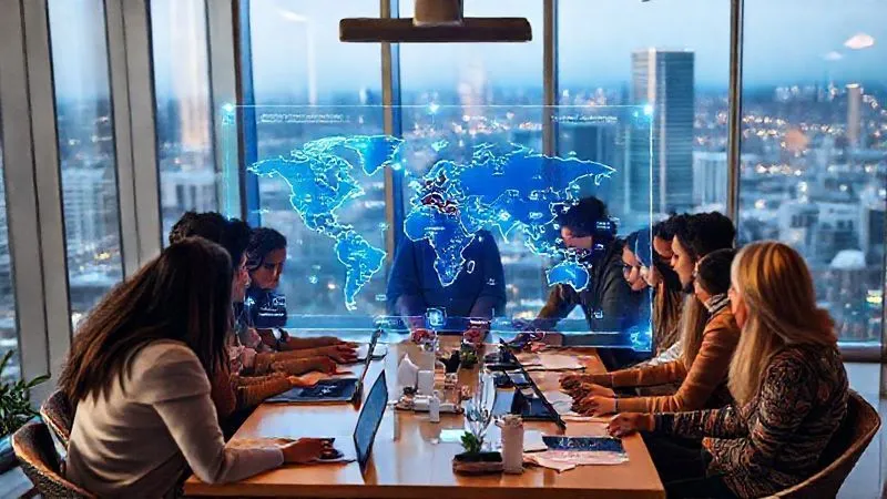 A photorealistic image of a diverse group of digital nomads collaboratively working and sharing knowledge around a holographic display showing verified digital certificates and a global network map. The setting is a co-working space with large windows overlooking a vibrant city. Cinematic lighting, sharp focus on the display, depth of field, 8K, shot on a high-end DSLR.