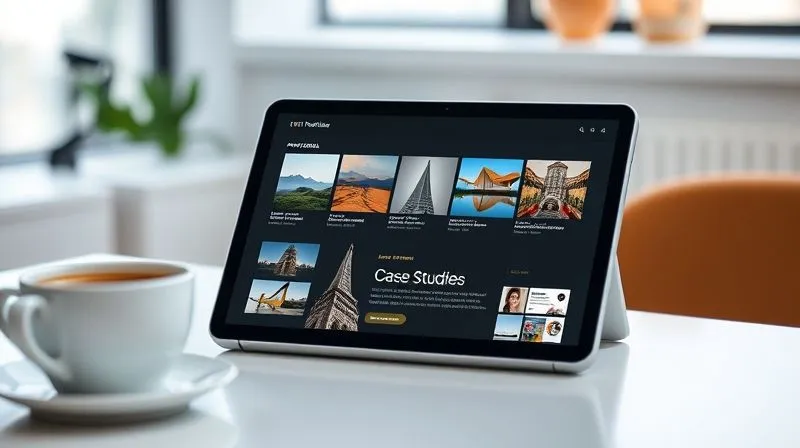 A photorealistic image of a sleek, modern digital portfolio displayed on a tablet, showcasing various project thumbnails and a "Case Studies" section. The tablet is on a minimalist desk with a cup of coffee, cinematic lighting, sharp focus on the screen, depth of field blurring the background, 8K hyper-detailed, shot on a high-end DSLR.