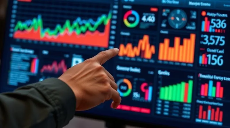 A photorealistic image of a data dashboard on a large monitor, displaying various growth charts (line graphs, bar charts) and key performance indicators (KPIs) in vibrant colors. A person's hand points to a specific metric, cinematic lighting, sharp focus on the screen, depth of field blurring the background, 8K hyper-detailed, shot on a high-end DSLR.