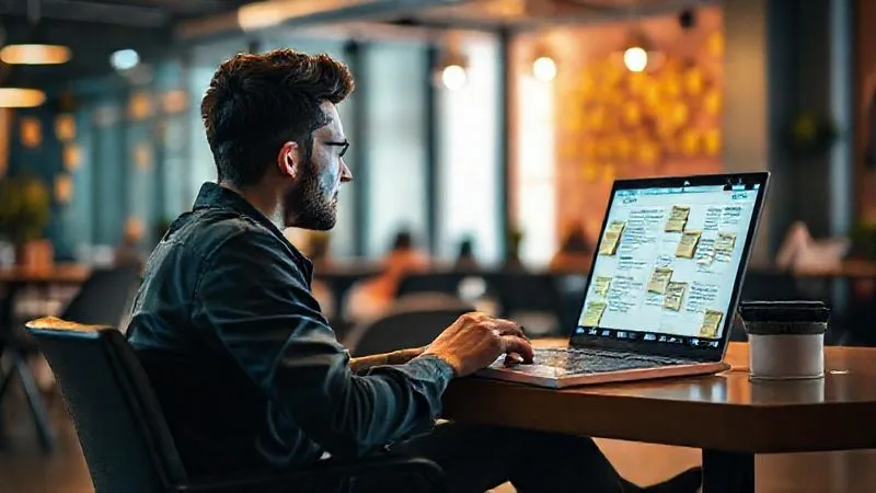 A photorealistic image of a digital nomad sitting thoughtfully in a vibrant co-working space, a lean canvas displayed on their laptop screen with key hypotheses highlighted, surrounded by sticky notes with customer insights, cinematic lighting, sharp focus, depth of field blurring the background, 8K hyper-detailed, shot on a high-end DSLR.
