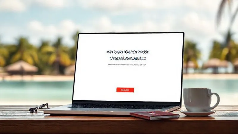A photorealistic image of a minimalist, well-designed landing page for a fictional digital nomad service displayed on a sleek laptop screen, with a clear call to action button. The laptop is on a wooden table with a passport and a coffee cup, cinematic lighting, sharp focus, depth of field blurring a tropical beach background, 8K hyper-detailed, shot on a high-end DSLR.
