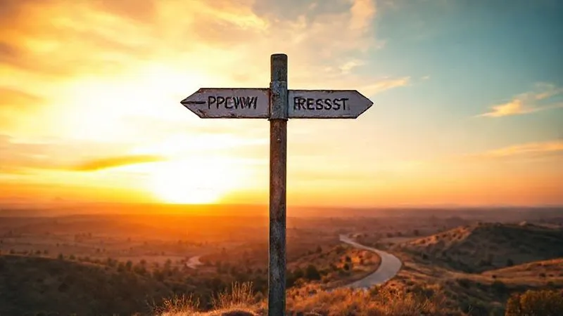 A photorealistic image of a metaphorical crossroads signpost, one arm pointing to "Pivot" with a winding road, and the other to "Persist" with a straight but slightly uphill path. The sign is set against a vibrant sunset sky over a diverse landscape, symbolizing global journeys, cinematic lighting, sharp focus, depth of field, 8K hyper-detailed, shot on a high-end DSLR.