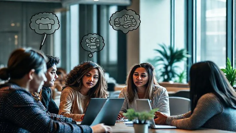 A photorealistic image of a diverse group of people, some with laptops, having a deep, engaged conversation in a co-working space, with thought bubbles above their heads showing problems and solutions. Cinematic lighting, sharp focus on their faces, 8K, professional photography, depth of field, shot on a high-end DSLR.