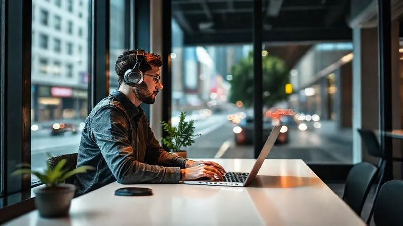 A photorealistic image of a digital nomad sitting at a clean, minimalist desk in a co-working space, focused on a laptop. Through a large window, a vibrant city street is visible but blurred, emphasizing the internal focus. A pair of noise-canceling headphones is on, and a small plant adds a touch of calm. cinematic lighting, sharp focus on the nomad and laptop, depth of field, 8K, professional photography, shot on a high-end DSLR