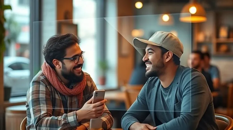 A photorealistic image of two digital nomads, one in a cafe in Lisbon and another in a co-working space in Bali, connected through a holographic display showing a genuine, smiling conversation. Soft, warm lighting, sharp focus on their faces and the connection, depth of field blurring the backgrounds. Emotional resonance: genuine connection across distances.