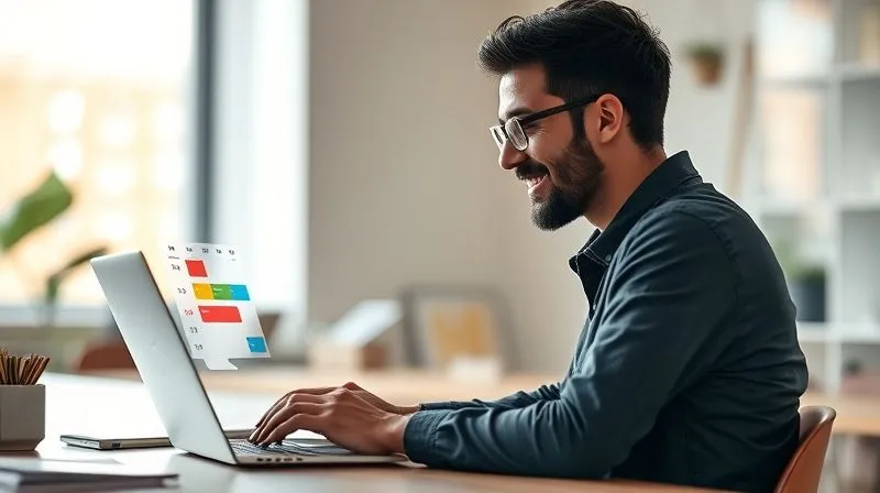 A photorealistic image of a digital nomad sitting at a laptop, looking organized and focused, with a calendar application open showing multiple color-coded reminders for follow-ups. The background is a minimalist, modern coworking space with natural light. Cinematic lighting, sharp focus on the screen and the nomad, depth of field. Emotional resonance: organization, diligence, forward-thinking.
