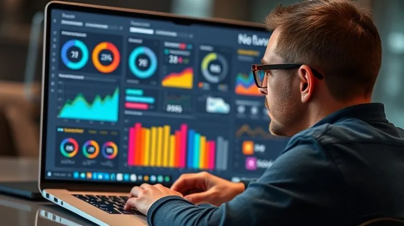 A photorealistic image of a digital nomad viewing a complex but clean dashboard on a laptop screen, displaying various networking metrics like response rates, conversion funnels, and connection quality in vibrant, easy-to-understand graphs. The nomad has a thoughtful, analytical expression. Cinematic lighting, sharp focus on the dashboard, depth of field. Emotional resonance: clarity, control, strategic insight.