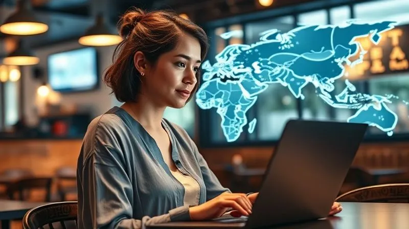 A photorealistic image of a digital nomad, a woman with a laptop, looking confidently at a world map on a screen, with glowing lines connecting different continents, symbolizing seamless global communication despite challenges. The background is a vibrant, modern cafe. Cinematic lighting, sharp focus on the woman and the map, depth of field. Emotional resonance: empowerment, global reach, overcoming barriers.