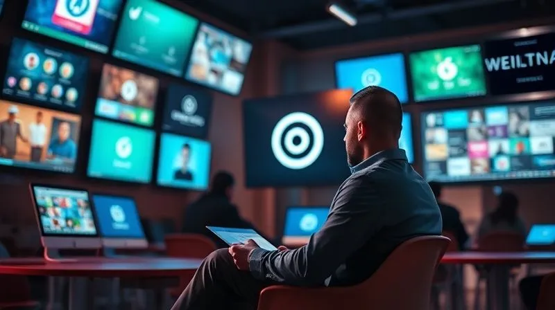 A photorealistic image of a digital nomad consultant sitting in a vibrant co-working space, surrounded by multiple glowing screens displaying various social media platforms and online communities. A spotlight illuminates a specific platform with a target icon, symbolizing strategic platform selection. Cinematic lighting, sharp focus on the consultant and screens, depth of field blurring the background. 8K hyper-detailed, professional photography, shot on a high-end DSLR.